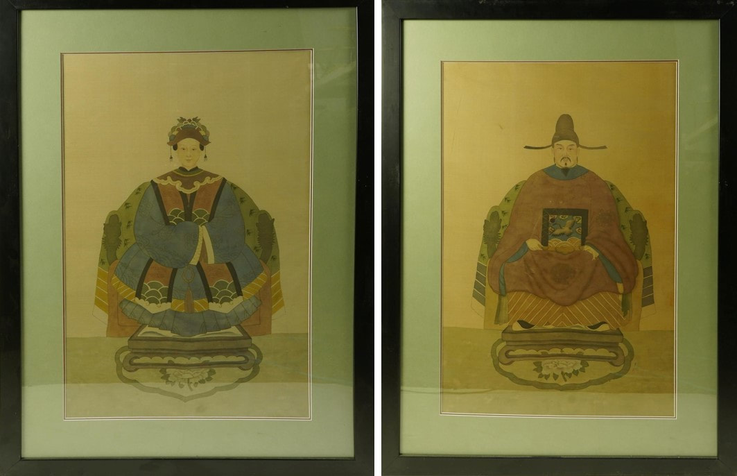 Pair of Chinese ancestor portraits of a patriarch a matriarch