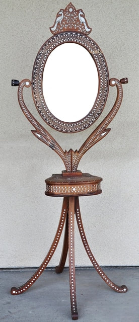 Anglo-Indian hardwood and bone inlaid oval mirror with stand