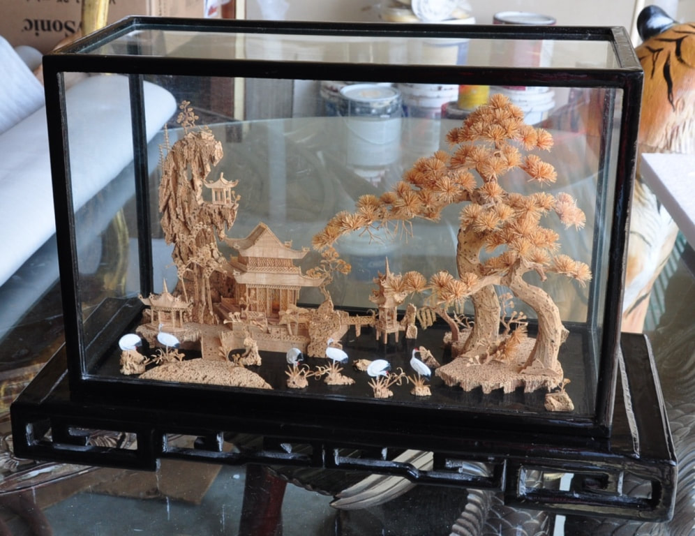 Large Chinese cork carving in glass case