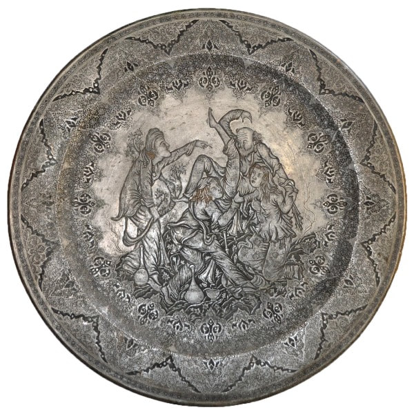 Persian silver on copper circular tray with Ghalamzani engravings of people in a drinking party