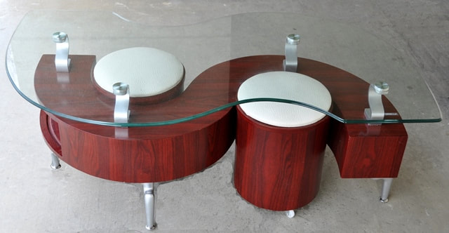 S-shaped Dontai glass top coffee table and 2 stools in mahogany finish