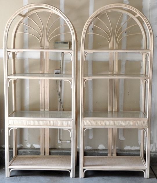 Pair of beautiful wicker display stands​ with glass shelves