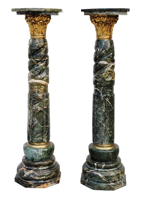 Pair of green marble column pedestals with Corinthian gilt bronze capitals
