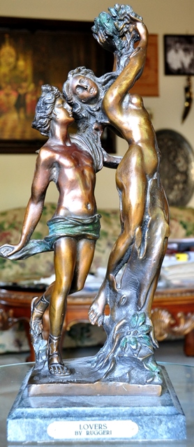 Bronze sculpture of nude couple by G. Ruggeri titled Lovers