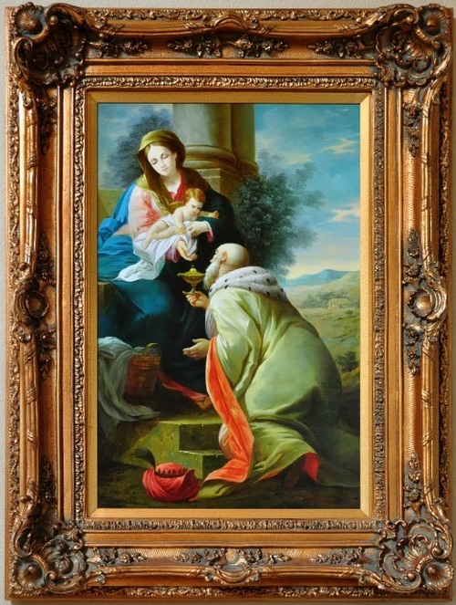 Painting of wise man bringing gift to baby Jesus