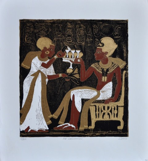Egyptian themed serigraph titled The Coronation by L. Sacco