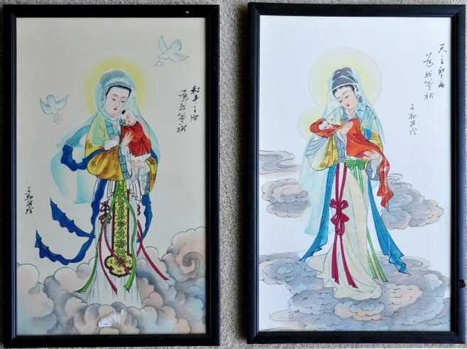 Our Lady of China and Madonna and Child Amidst the Clouds silk paintings by John Lu Hung Nien