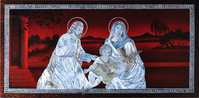 Vietnamese lacquer painting with mother of pearl inlay depicting Jesus and parents
