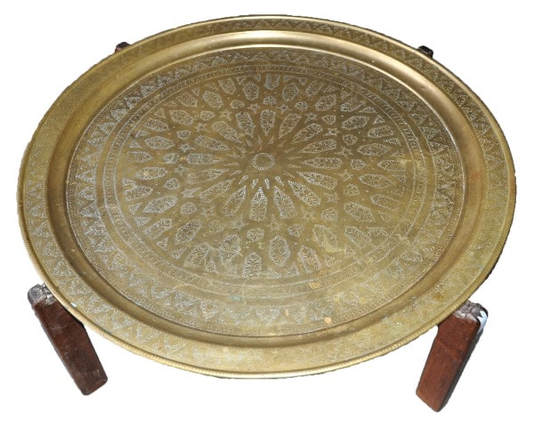 Large Middle-Eastern round engraved brass tray top coffee table