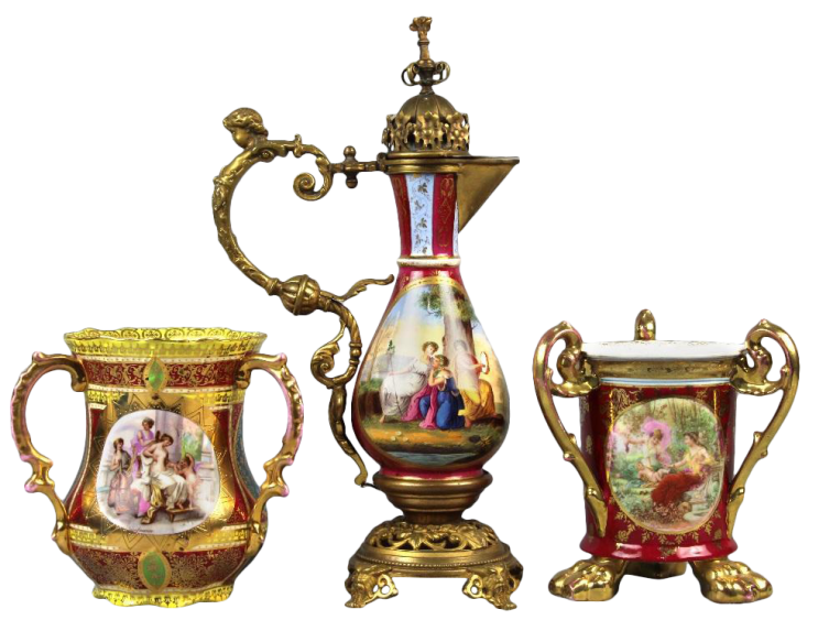 19th century Royal Vienna hand-painted and bronze mounted porcelain ewer and two unusual chalices