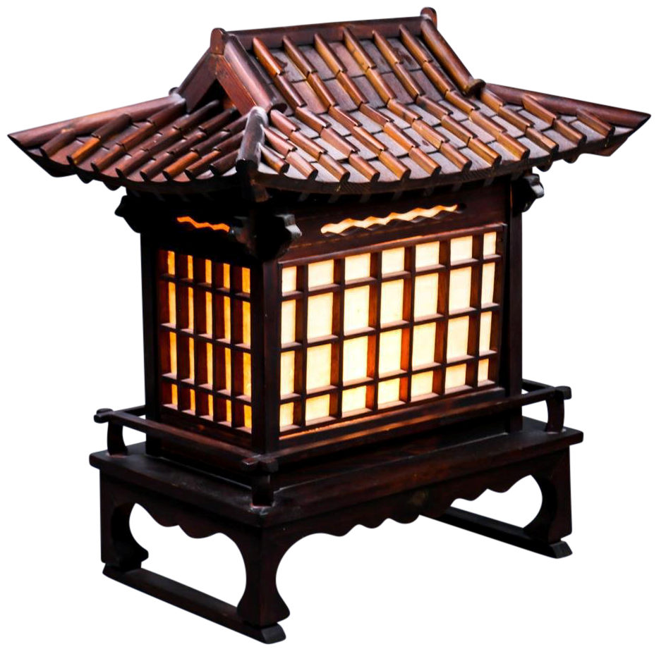 Vintage Asian pavilion house shaped wooden lamp