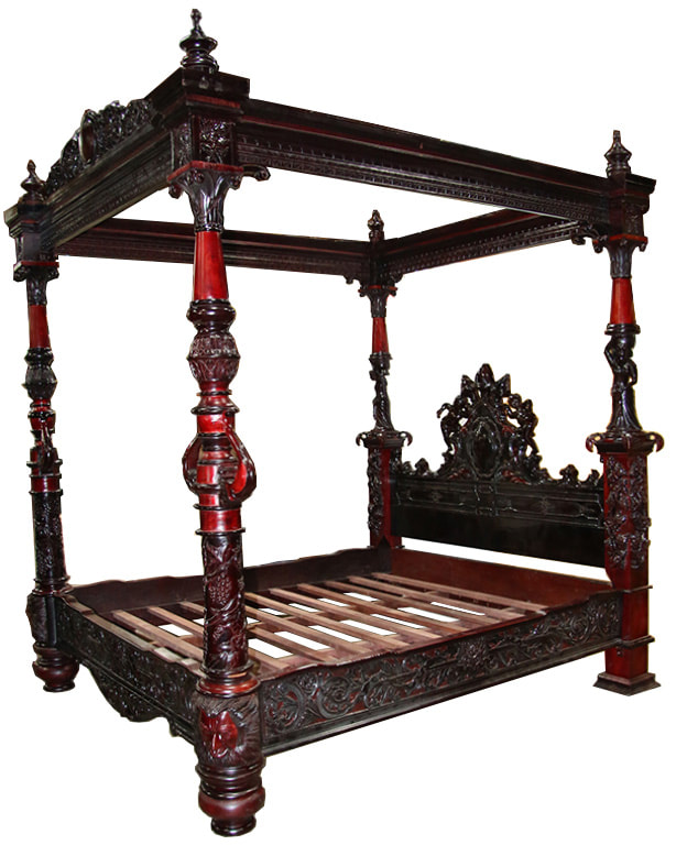 Italian Renaissance style mahogany four post canopy bed with multiple figural carvings