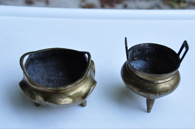 Pair of antique miniature Chinese tripod brass censers with Xuande mark