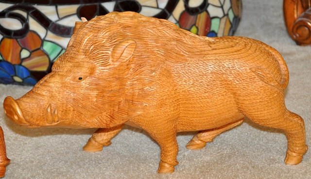 Large 16 inch long wood carved sculptures of pigs or wild boars