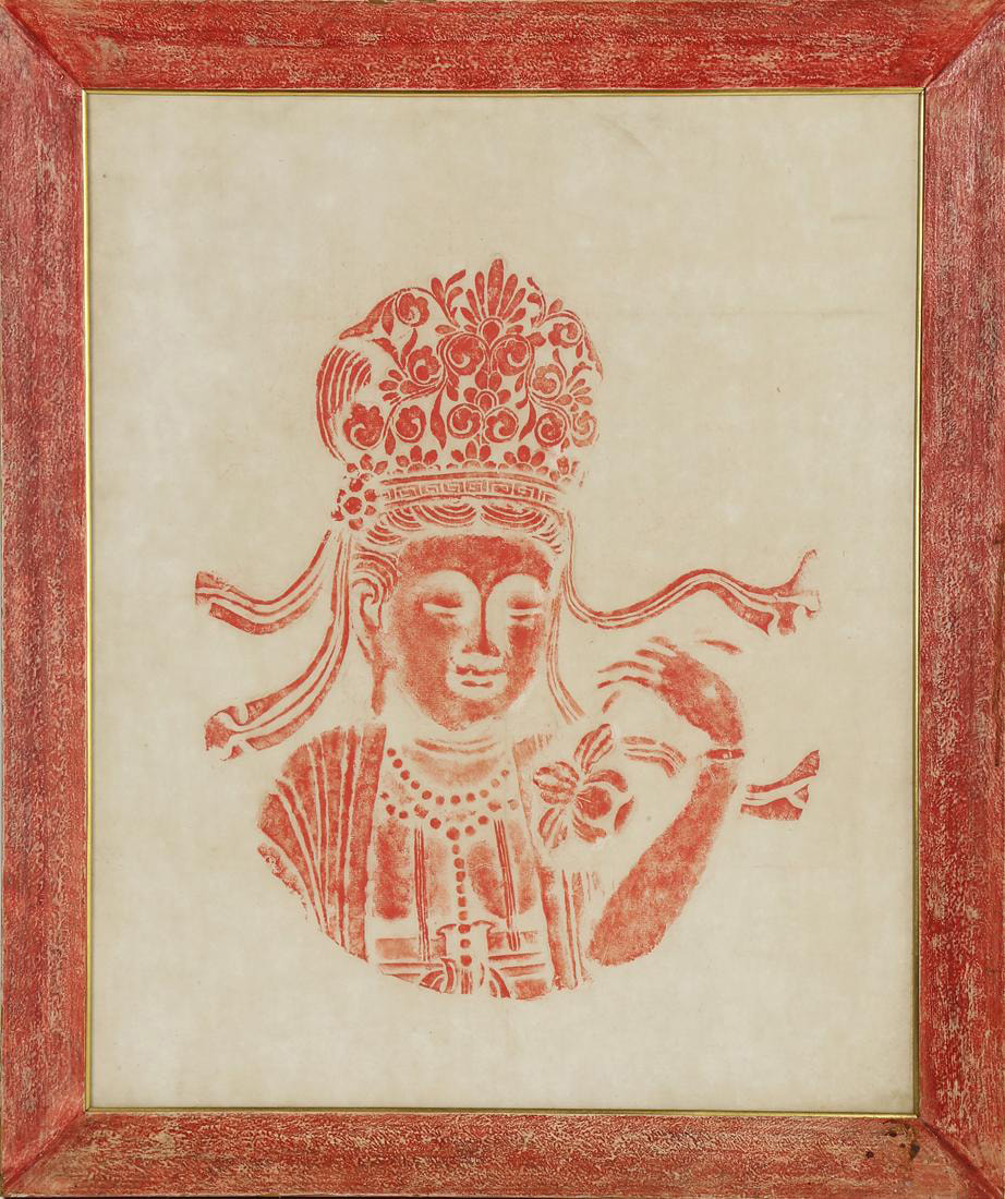 Thai temple pastel rubbing in red on rice paper depicting a deity