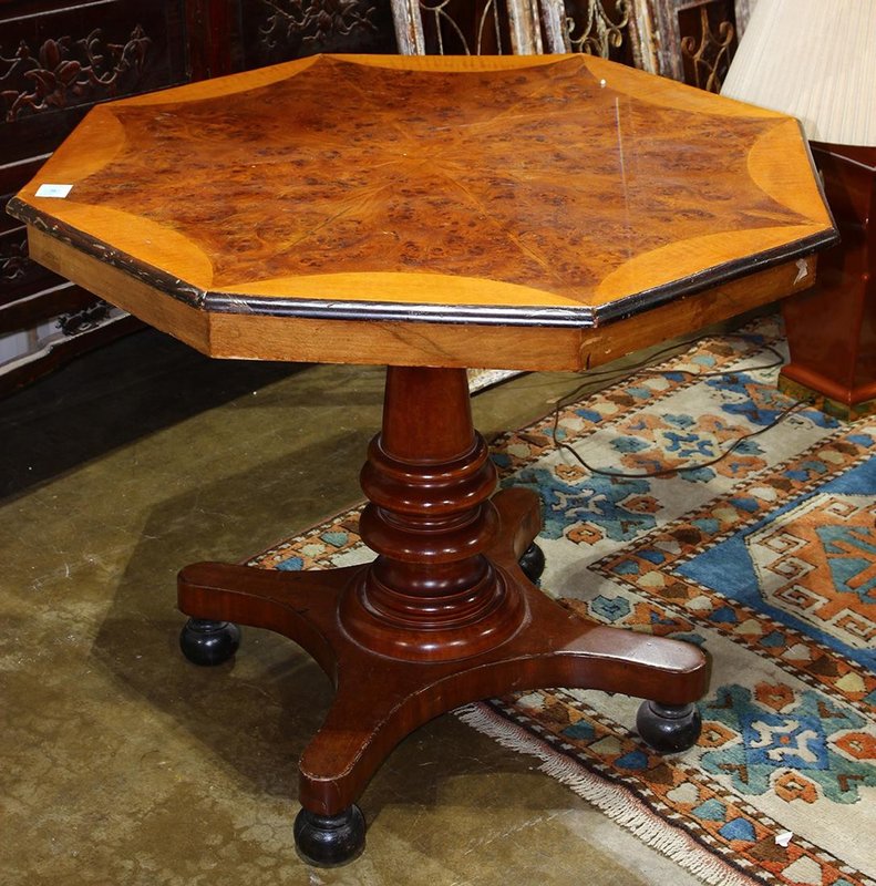 Octagonal Regency style center table with burlwood inlay starburst pattern