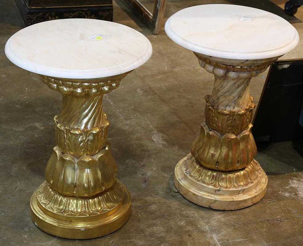 Pair of marble top gilt decorated pedestal plant stands