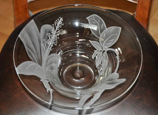 Large glass centerpiece bowl etched and carved with fuchsia flowers