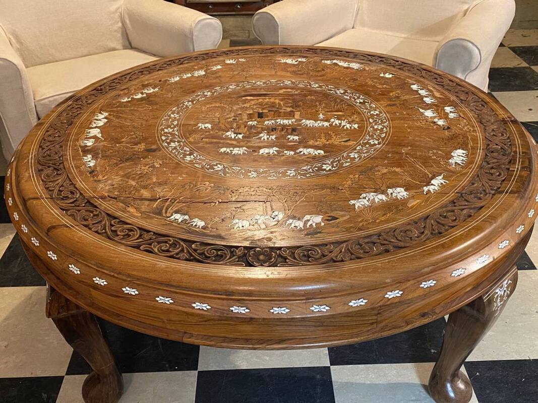 Rosewood coffee table from Mysore, India​ with inlay of elephant in the forest scenery