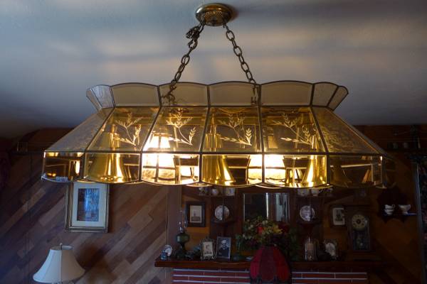 Pool (billiard) table chandelier with etched amber colored beveled glass panes​