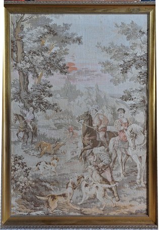 Beautiful framed tapestry showing a hunting scene in the forest