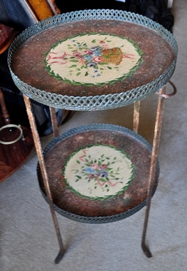 Vintage 2-tier metal plant stand with hand painted flowers