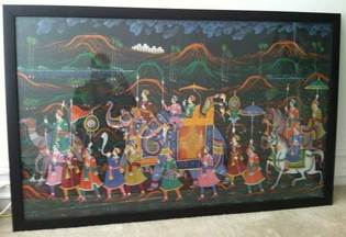 Large painting on silk of an Indian wedding procession
