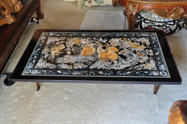 Korean folding low table with peacock painting on top