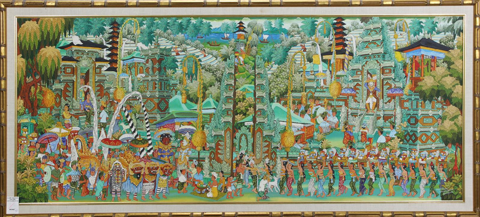 A Balinese painting depicting temple and festivities in a village