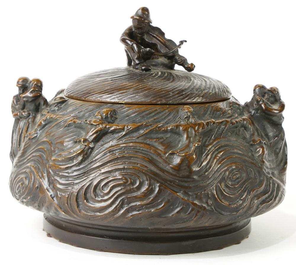 Continental Art Nouveau style cast bronze lidded vessel with figures