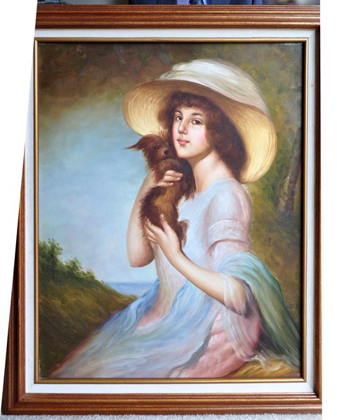 Oil on canvas painting of a girl with her cute dog