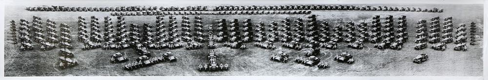 Large gelatin silver print panorama photograph by Eugene Omar Goldbeck titled 7th Cavalry Brigade mechanized, Fort Knox, Ky., July 1st, 1938, Major General Daniel Van Voorhis, commanding