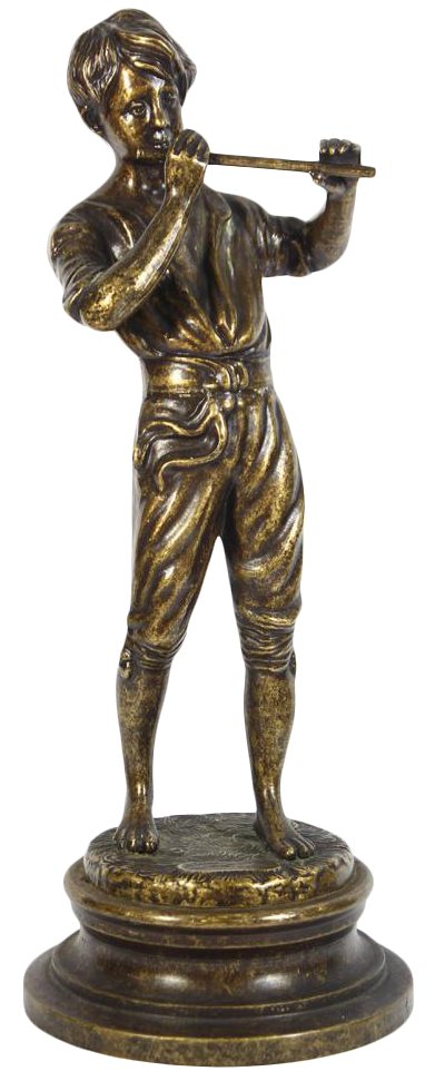 Bronze sculpture of a boy playing the flute