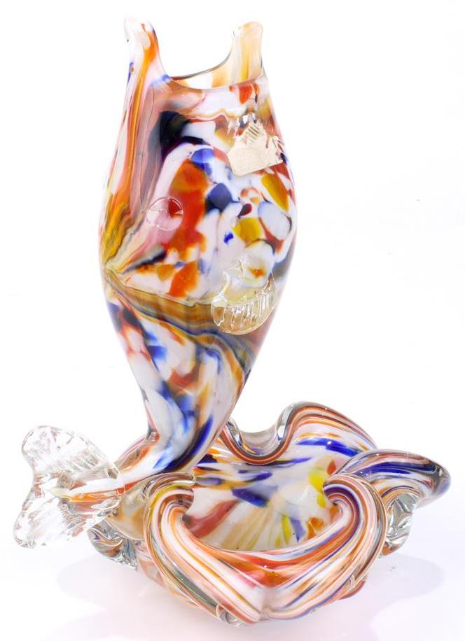 Murano glass fish form ashtray with single stem vase in mottled orange and blue 