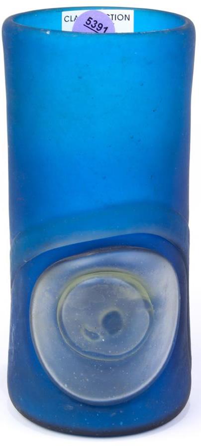 Cylindrical blue and clear glass vase