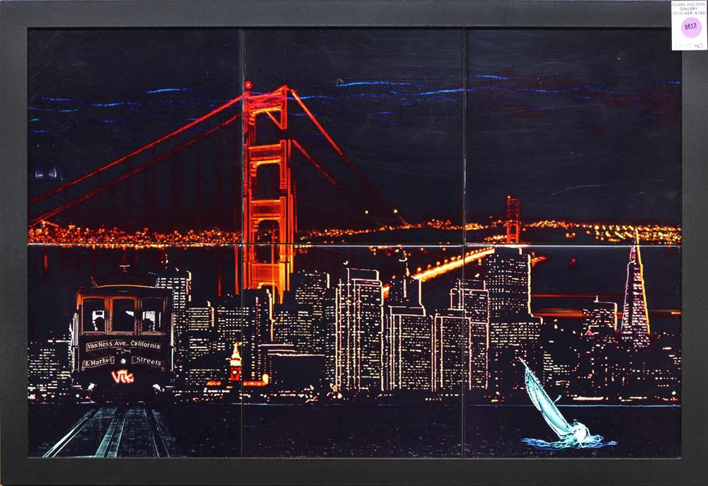 Photo collage on ceramic tiles depicting San Francisco at night 