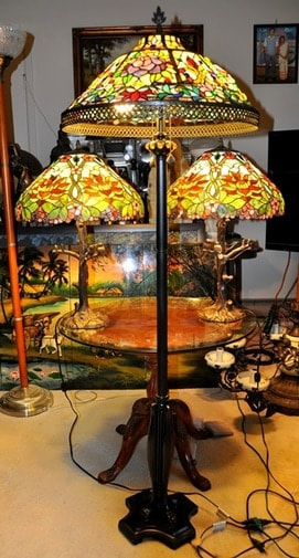Set of Tiffany style table and floor lamps with floral shades and bronze bases