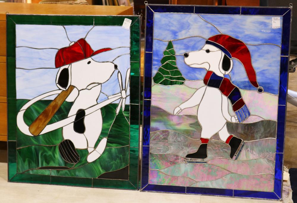 Pair of unique stained glass window depicting Snoopy of Peanut comics
