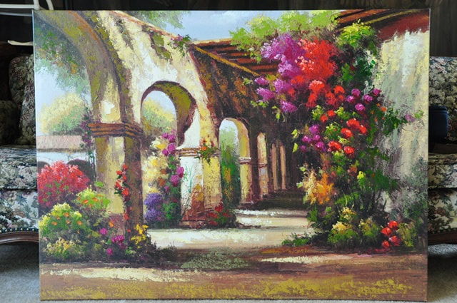 Oil painting of a Mission Revival Style building with a flower garden