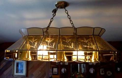 Pool (billiard) table chandelier with etched amber colored beveled glass panes