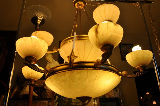 Huge 2-tier, 15 light, Art Deco style gilt chandelier with alabaster shades