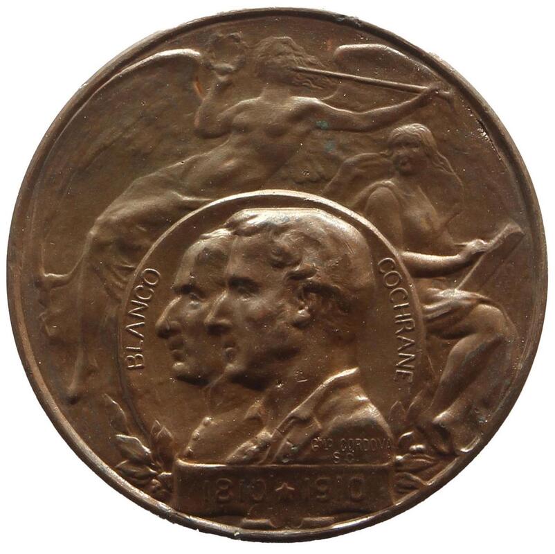 Bronze medal honoring the Chilean Navy, Admiral Thomas Cochrane and Admiral Manuel Blanco Encalada on the occasion of the 1910 Centennial of Chile celebration