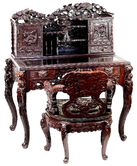 Antique Oriental carved wood dragon desk and chair set