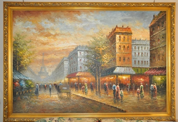 Large Paris scene oil on canvas painting with ornate frame