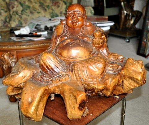 Burlwood carved laughing Buddha Hotai sculpture