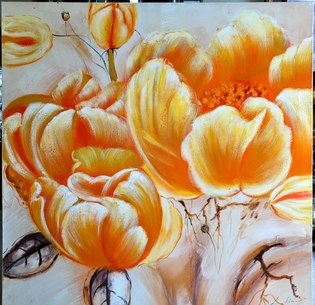 Oil painting of orange colored tulips