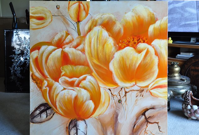 Oil painting of orange colored tulips