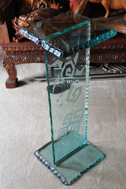 One-of-a-kind glass pedestal with etched abstract art