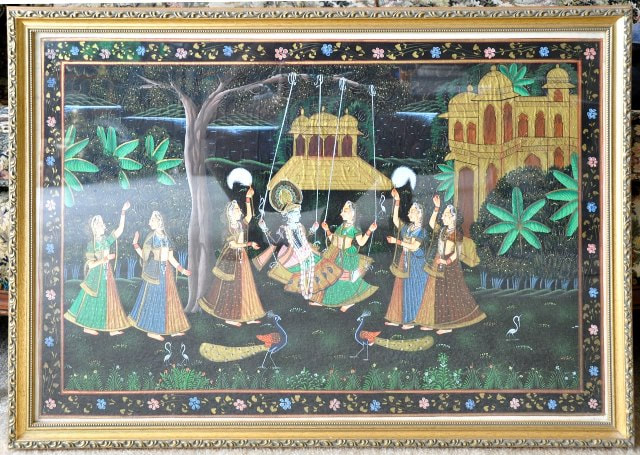 Indian silk painting depicting Radha and Krishna