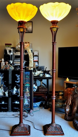 Pair of beautiful floor lamps with huge 18 inch wide glass shades